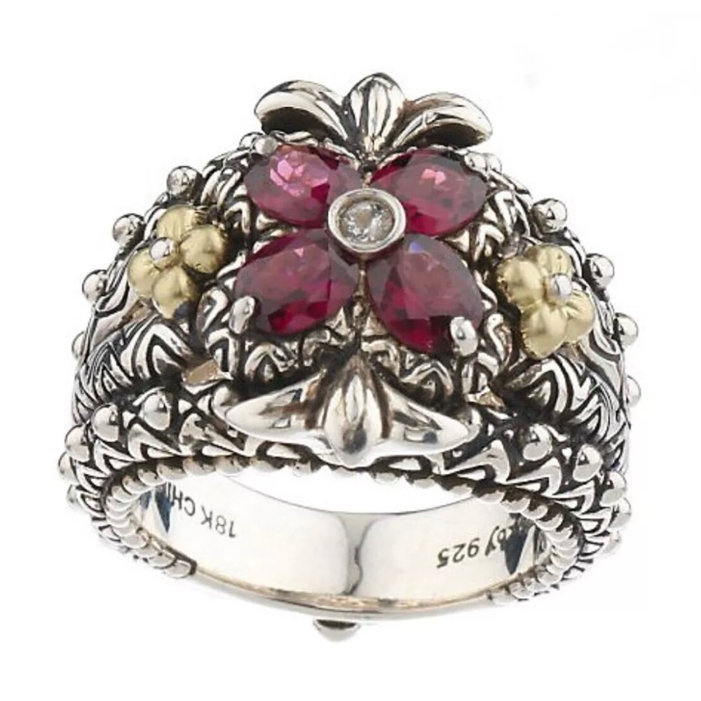 Barbara Bixby 925 Sterling Silver 18K Gold Prong Set Garnet Flower Ring Size 6